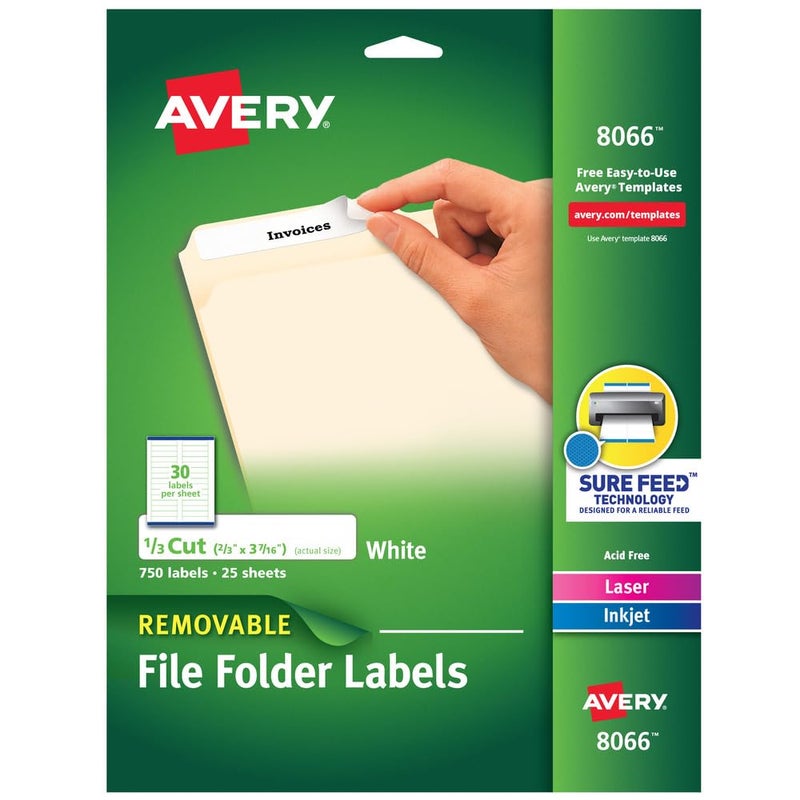 Avery Removable File Folder Labels with Sure Feed, 2/3" x 3-7/16", 5 Packs, 3,750 Printable Labels (8066) - Image 1